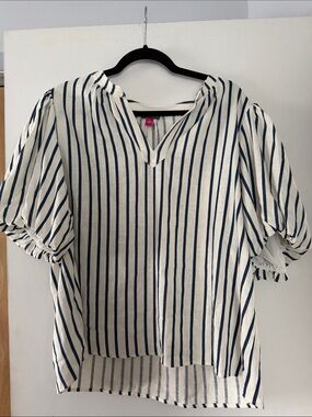 Vince Camuto Striped V-Neck Puff Sleeve Top - Cream with Navy Stripes XL
